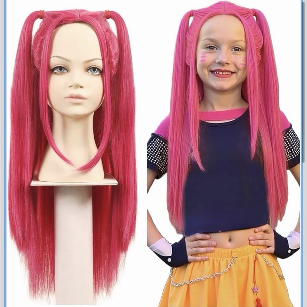 Long Straight Hot Pink Cosplay Wig with Ponytails Huntrix Halloween